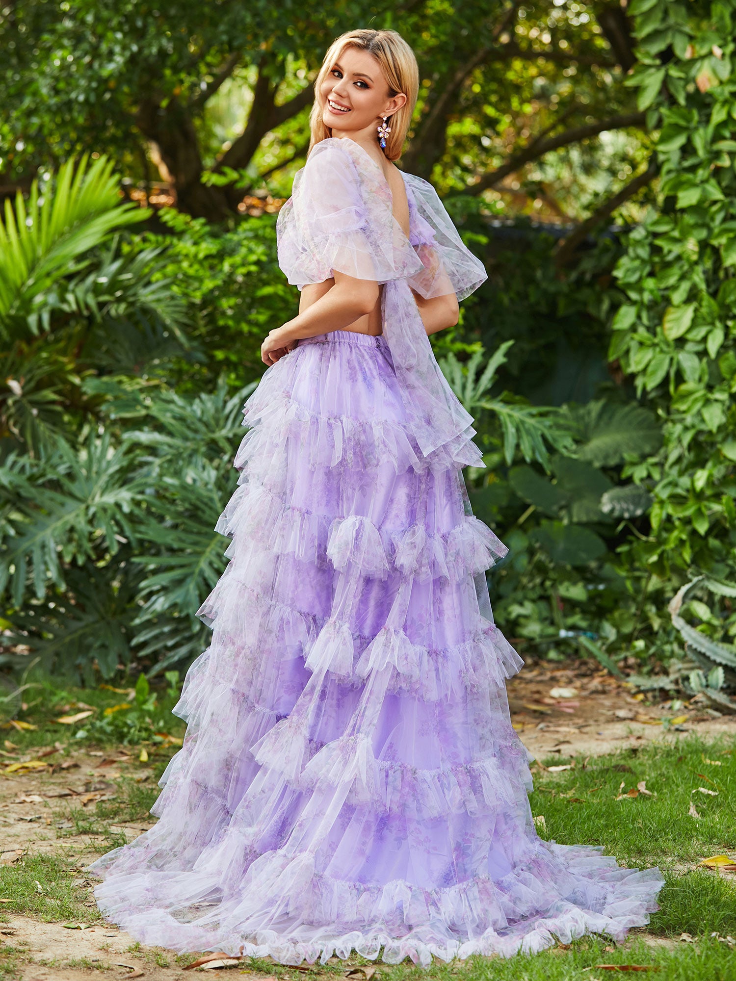 Robe en Deux Pièces Tulle à Volants Florals avec Fente Ivoire